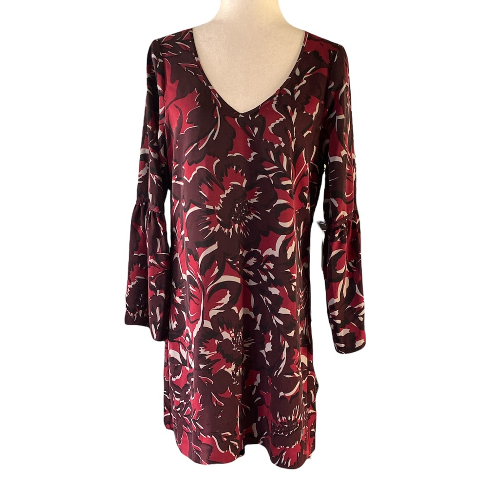 Saks Fifth Avenue Bell Flare Sleeve Plum Floral Flowy Tunic Shift Dress - S